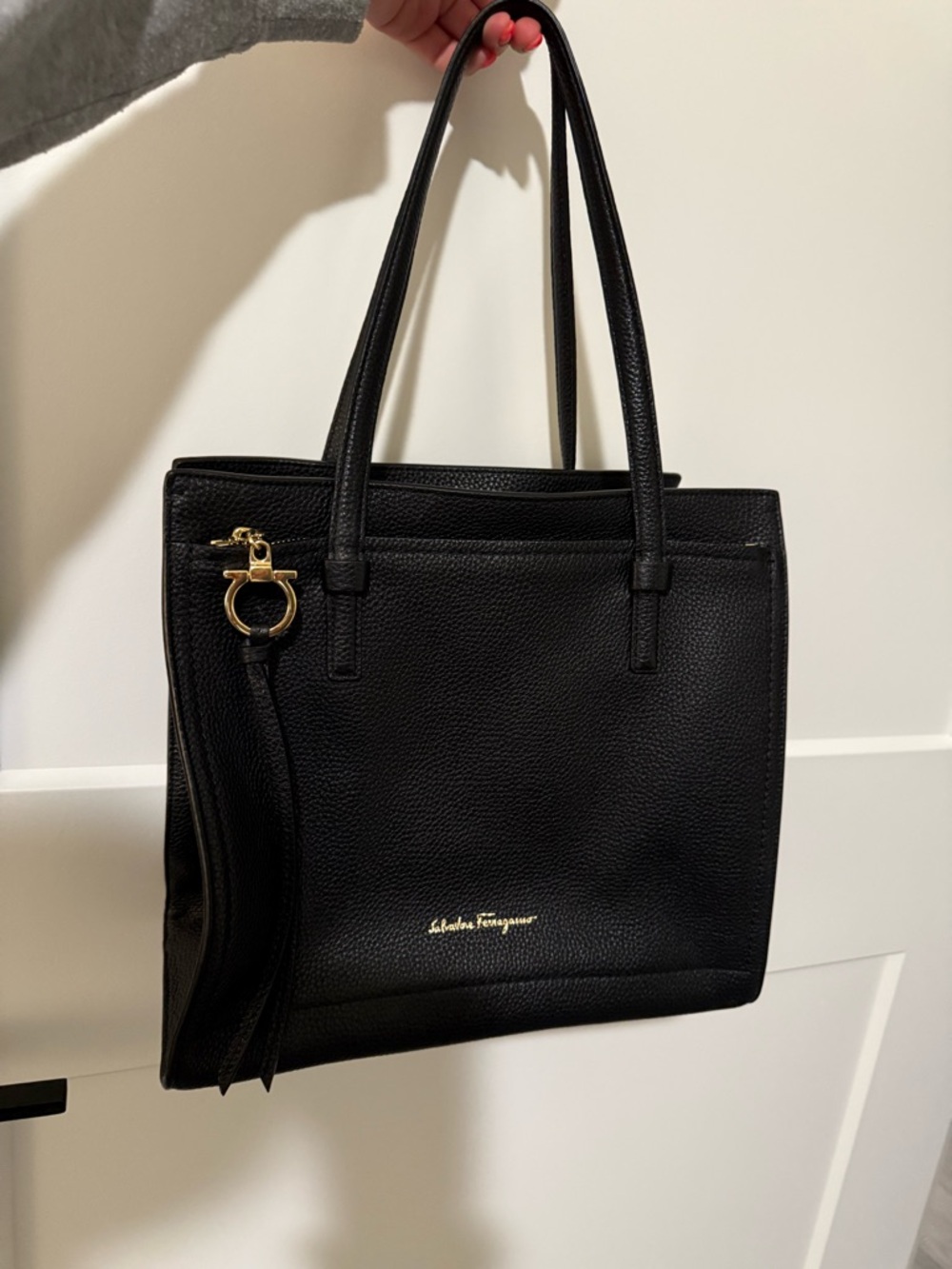 Salvatore Ferragamo Black Pebbled Leather Tote with Gold Hardware
